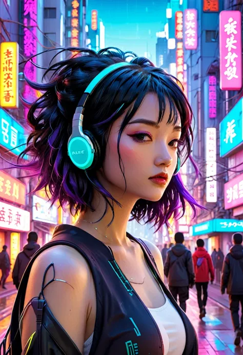 Cyberpunk city background、The image depicts a woman with black hair, neon-colored reddish purple hair accessories, and earphones.。In the background、Brightly colored signs and buildings can be seen.、It has a futuristic and urban feel.。This illustration is、C...