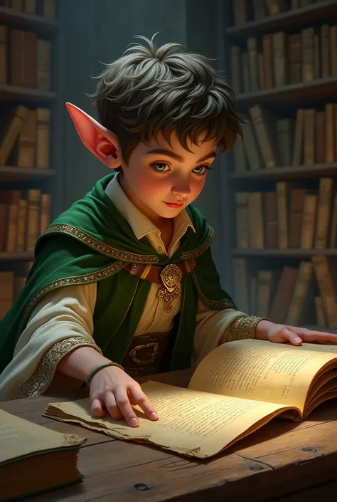 Elren as a young elf teenager with bright eyes and a curious mind, immersed in ancient scrolls in a vast magical library. His expression of fascination reveals his thirst for knowledge, as your hands slowly run through the pages of the forbidden texts.