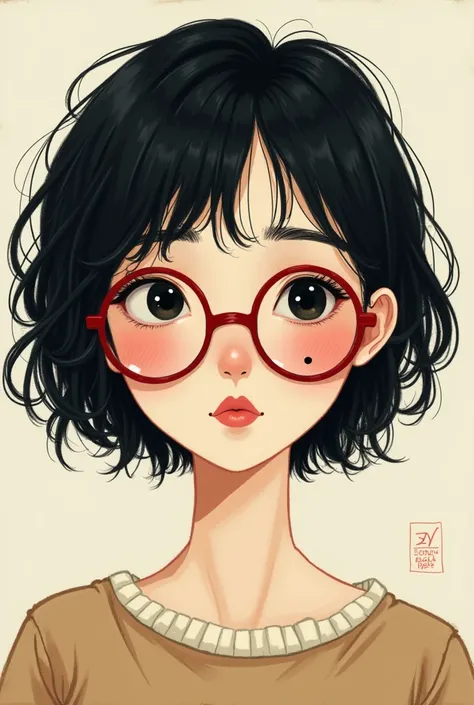 For women with short black hair and black eyes with a mole above the right side of her lip wearing round red glasses, made with the art style of Yoshitomo nara