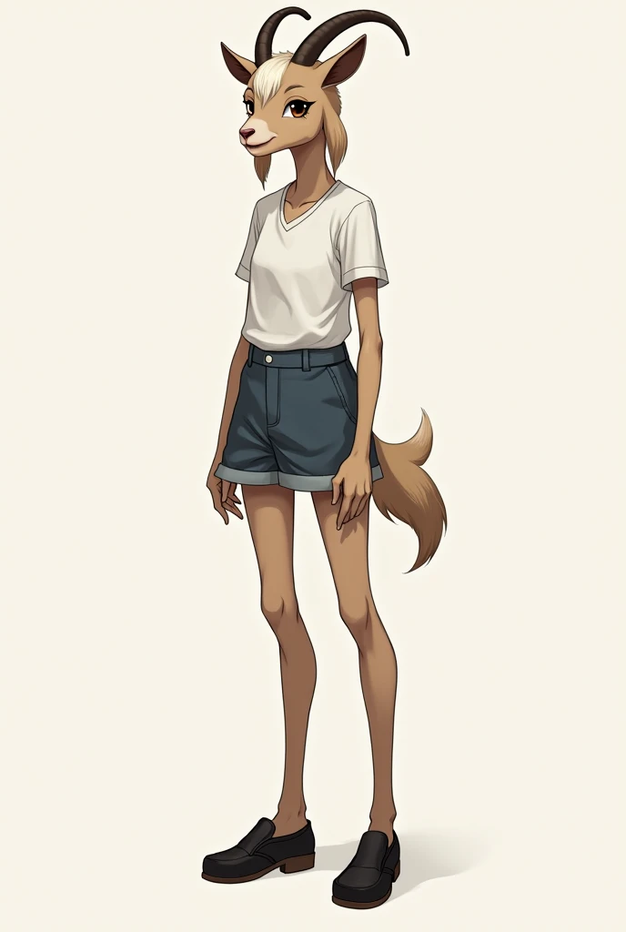 (furry) An anthropomorphic animal girl, a herbivorous goat species, tender, tall, medium-sized brown eyes, Arms, legs and hands more human than animal and taller,  standing with long, human-like legs, black school shoes, and human-like, long, pretty hands....