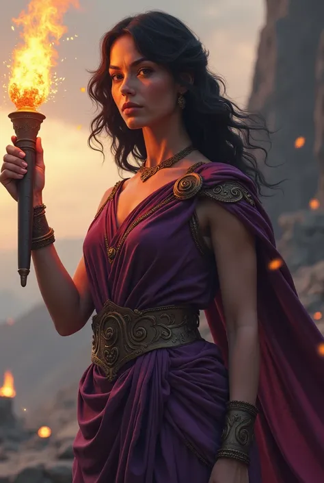 Prometheus, titan of greek mythology, with a torch in hand, her clothes are purple red and her hair is black to her shoulders, high quality image 