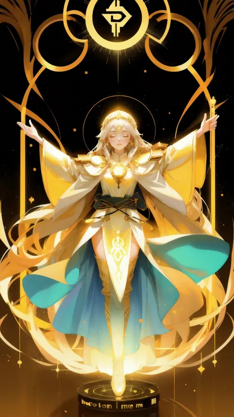 A divine depiction of a female healer, dressed in a long, flowing robe adorned with golden crypto symbols like Bitcoin and Ethereum. She stands in a radiant pose with her arms outstretched, emitting beams of light from her palms, forming a protective shiel...