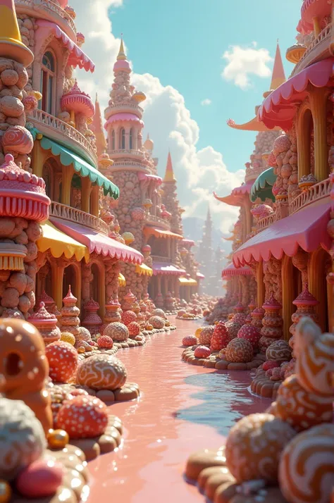 You and your friends travel to a strange food city. The flowing river is of chocolate milk, buildings and vehicles are made of confectionery. The road is made of candy and chocolate.

Describe the atmosphere by emphasizing the composition., room, form and ...