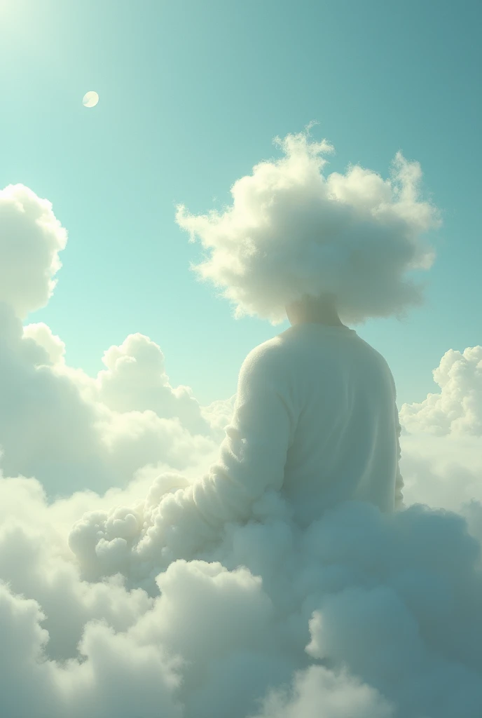 Cloud shaped like a man, face unknown, sitting with his back turned, looking up at the upper left corner of the screen