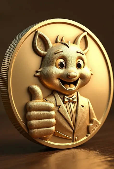 mascot as a coin with a persons bust in a tuxedo and a thumbs-up engraved on it