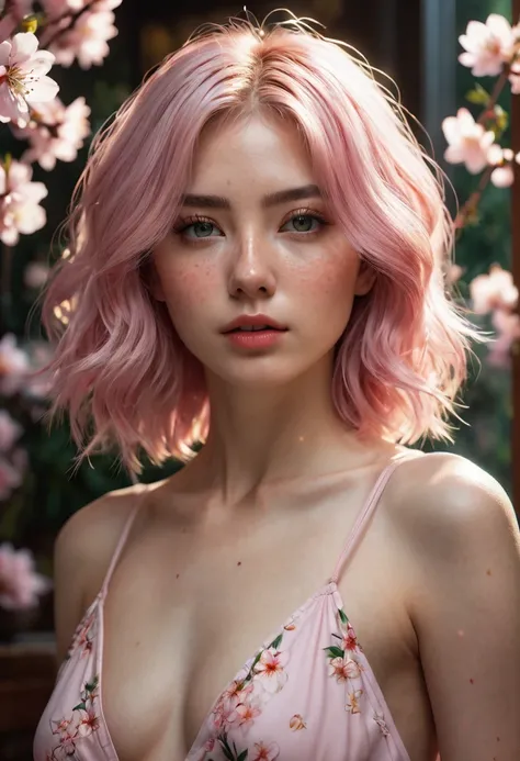 A woman, sensual, she is an adult, light pink hair styled in a lob, (((a woman with light pink hair 1.7)))(((very beautiful))), perfect faces, she is surrounded by sakura flowers in her room, dark and cool palette, red dress that fits her body, green eyes,...