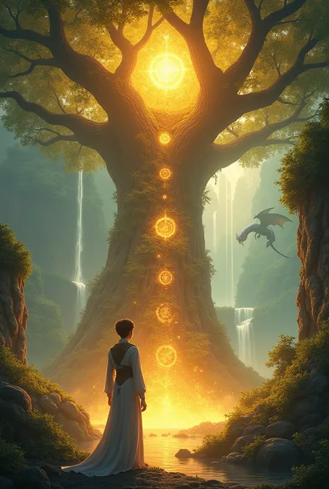 Create an image of Alex standing before the Tree of Knowledge, enveloped in a warm, golden light. Eldric the dragon watches proudly as Alex absorbs the wisdom. The final scene should depict Alex as the new guardian of the garden, standing confidently with ...