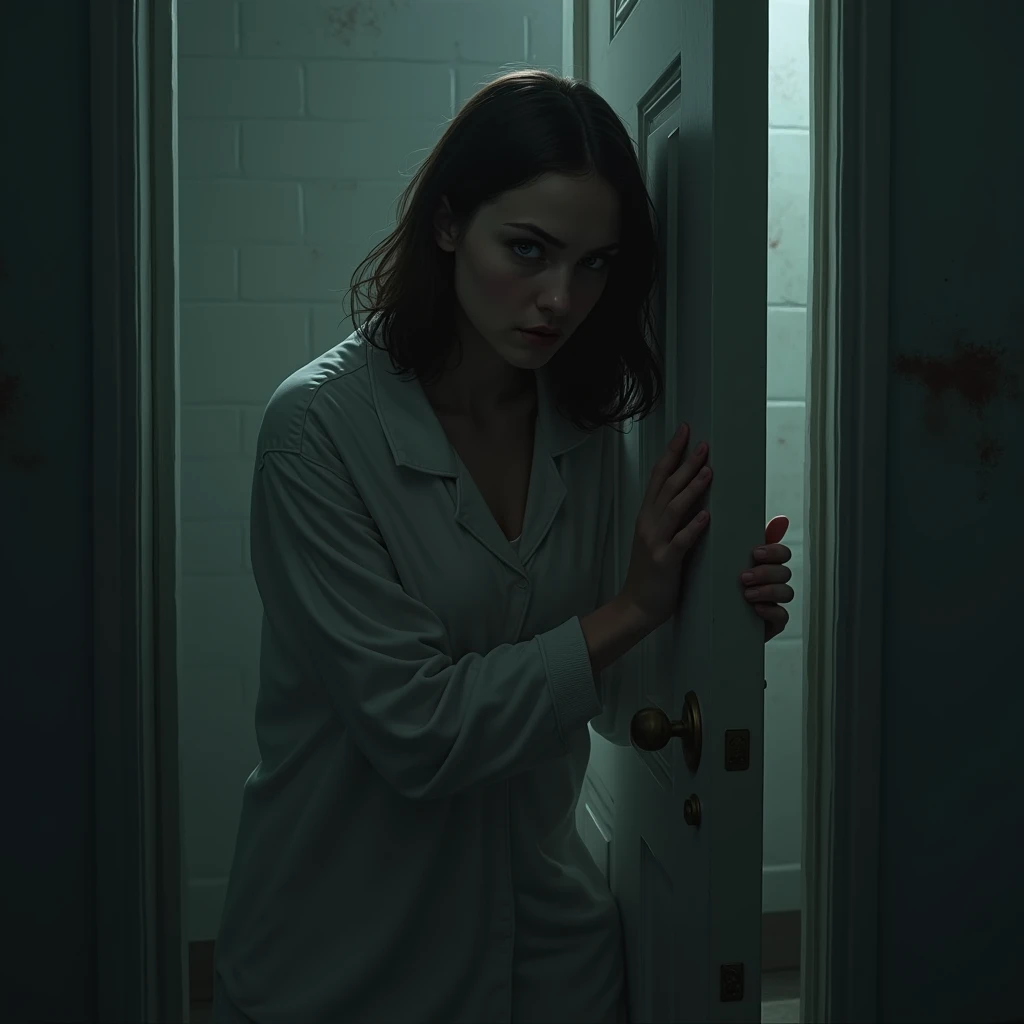 In a small, poorly lit bathroom, the cold, damp walls reflect the tension that dominates the environment. the brunette woman, with 1,65m tall and dressed in simple pajamas. Their eyes, wide-eyed and full of terror, are fixed to the door, as if your life de...