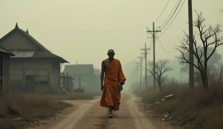 Khmer monk walk alone and sad in 1900