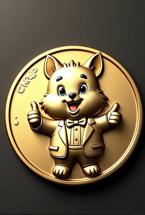 mascot as a coin with a persons bust in a tuxedo and a thumbs-up engraved on it