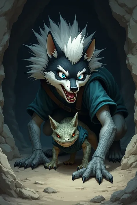 An anthropomorphic youthful slender  wolf cub with black and white fur, blue eyes and a striking white mohawk hairstyle wears a dark blue, baggy medieval tunic shirt with dark green, T-shirt-like short sleeves. in animated drawing style. He finds himself i...