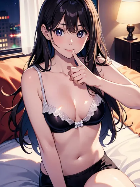 Girl,cute,kawaii,Chest to head,smile,Straight Hair,Long Hair,Black Hair,medium chest,sitting,Bedroom,(finger on mouth:1.5),(bra top:1.3),looking at the camera,night