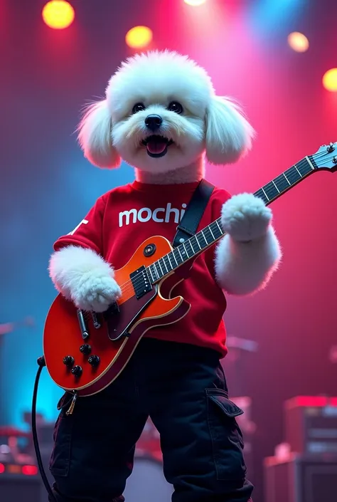 Red shirt with MOCHI written on it, black cargo pants, white haired bichon frise dog singing on stage while playing electric guitar, real, photo, 4 hp, high resolution, film, illuminated, colorful, 