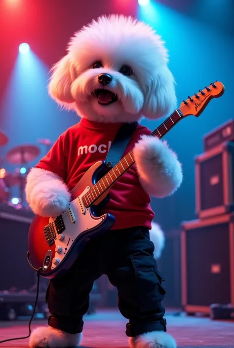 Red shirt with MOCHI written on it, black cargo pants, white haired bichon frise dog singing on stage while playing electric guitar, real, photo, 4 hp, high resolution, film, illuminated, colorful, 