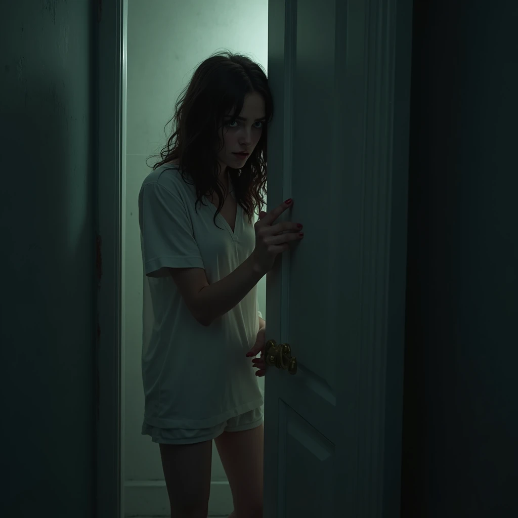 In a small, poorly lit bathroom, the cold, damp walls reflect the tension that dominates the environment. the brunette woman, with 1,65m tall and dressed in simple pajamas. Their eyes, wide-eyed and full of terror, are fixed to the door, as if your life de...