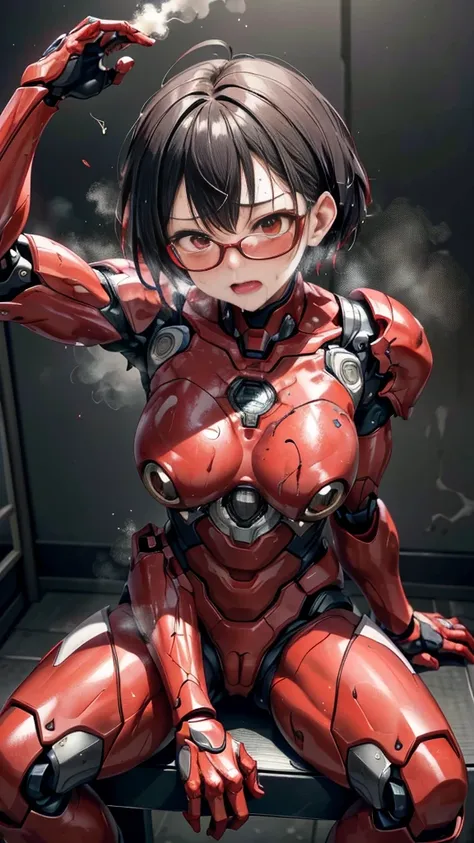 Rough skin, Very detailed, Advanced Details, high quality, 最high quality, High resolution, 1080P 、Bleeding from the wound、Red Armor、Wearing red and black、The weakest　((Severe damage to the entire body))(Wearing a damaged female robot suit...)(Red Armor)(Br...