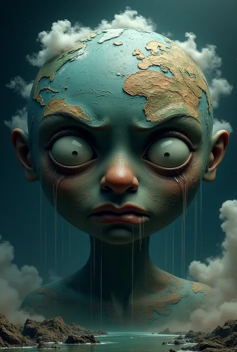 the condition of the earth is in outer space, there are eyes, there is a nose, there is a sad mouth, there are tears flowing, there is air pollution, garbage, dirty river water