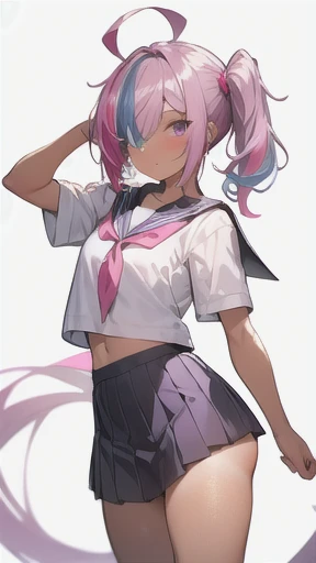 ((skinny)),((Wheat skin)),(tall,tanlines),(side ponytail,ahoge,One eye is covered by hair),((purple hair)),(fluorescent pink streaked hair),(Sailor school uniform)