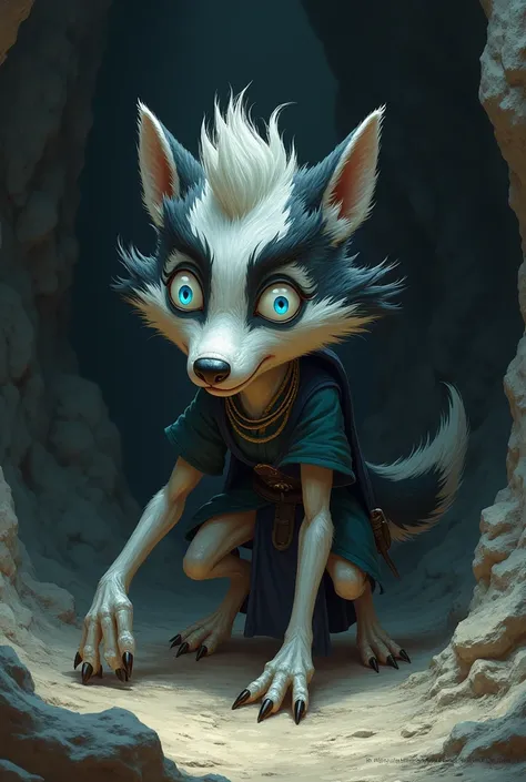 An anthropomorphic youthful slender  wolf cub with black and white fur, blue eyes and a striking white mohawk hairstyle wears a dark blue, baggy medieval tunic shirt with dark green, T-shirt-like short sleeves. in animated drawing style. He finds himself i...