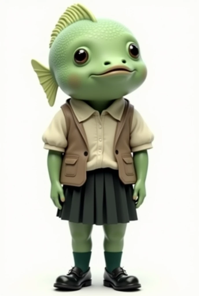 ((Highest quality)), ((photograph)), (front), A female green blow fish is wearing an off-white collared short-sleeved shirt, a light brown vest, a knee-length black skirt, dark green socks, and black shoes., Background is white, photographのようなリアルな画像