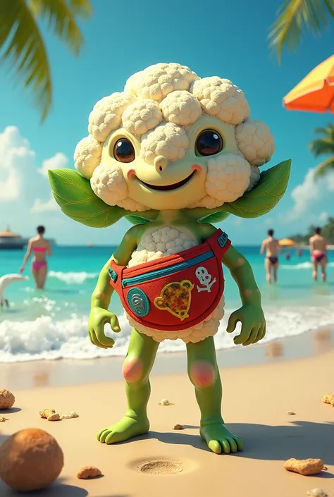 A cauliflower with a fanny pack on its waist at the beach 
