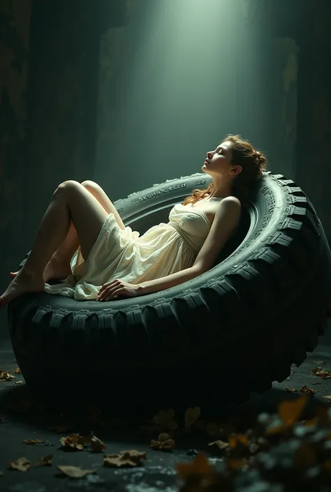 woman lying on a giant tire with a bright light, inspired by Krenz Cushart, wlop and krenz cushart, Krenz Cushart, krenz cushart and artgerm, 由杨J, by Shitao, by Krenz Cushart, art by wlop and greg rutkowski: caravaggio painting