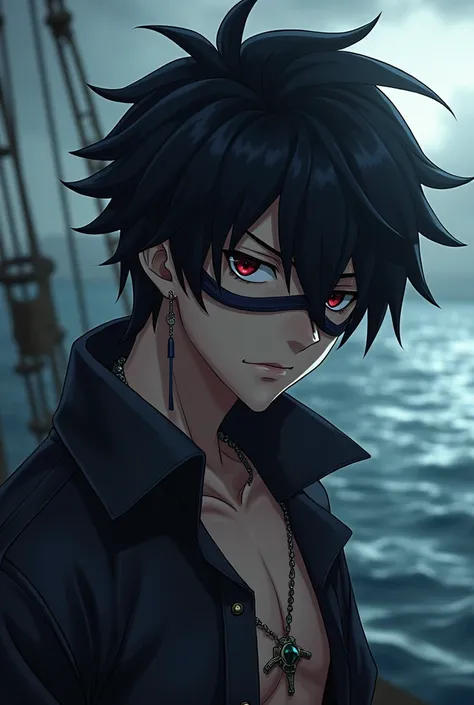 Create a character in the anime sense Pirate with hair on the eye and black Put on mask Boy 