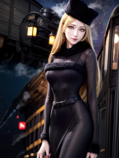 maetel, long hair, blonde hair,fur trim, black headwear, fur hat, dress,(cowboy shot:1.1), yellow eyes, (luggage:1.1), steam (train station:1.1),station platform,  night, galaxy,999
best quality, highly detailed, masterpiece, absurdres,8k,   (detailed eyes...