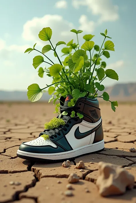 nike jordan sneakers with plant coming out of it on dry land