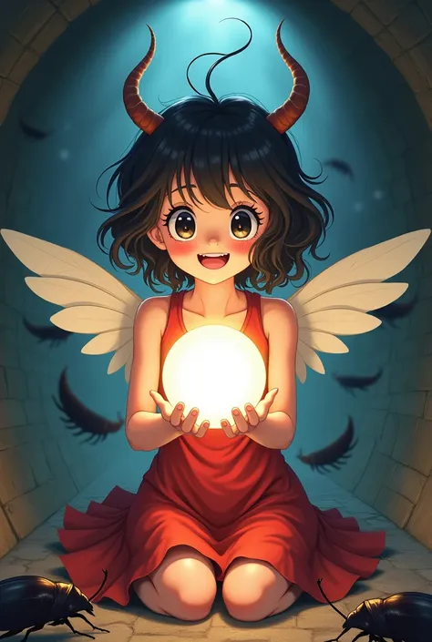 Better image quality. Anime style poster. Make a teenage girl, eyes black, blackquality hair, curly, 小柄. tall stature.skin fair. has wings and antennae. Do it inside the manhole,  with cockroaches. Red Leather Dress Outfit . He is holding a glowing sphere....