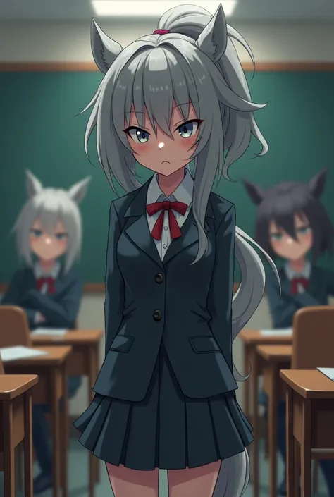 a pony girl on the side wearing a uniform with gray hair wearing a jacket tied at the bottom is angry in class with gray eyes 