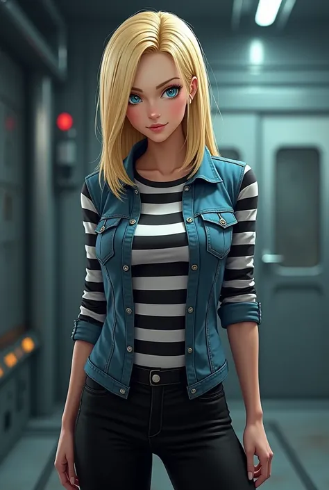 「Dragon Ball Z」Create a realistic and photorealistic image of Android 18 in。she、She has straight, shoulder-length blonde hair and piercing blue eyes.、Depicted as a stunningly beautiful woman。Her expression is calm and confident.、Smiling slightly。she、Reflec...