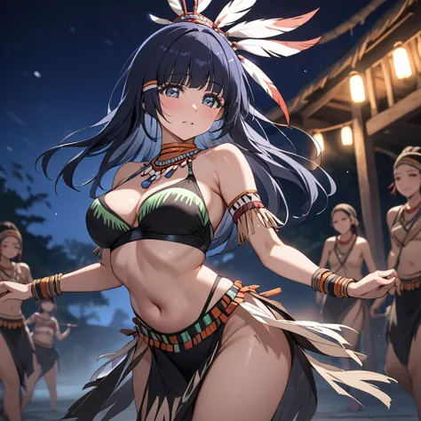 ((Highest quality)), ((masterpiece)), (detailed), （Perfect Face）、The woman is Aoki Reika, a tribal dancer with medium-long hair.、The woman is wearing a provocative dance costume of a primitive tribe and is dancing a mysterious tribal dance.、night