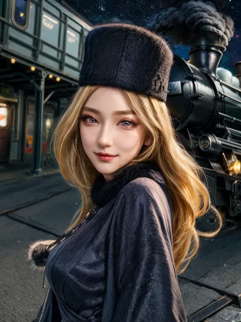 maetel, long hair, blonde hair,fur trim, black headwear, fur hat, dress,(cowboy shot:1.1), yellow eyes, (luggage:1.1), steam (train station:1.1),station platform,  night, galaxy,999
best quality, highly detailed, masterpiece, absurdres,8k,   (detailed eyes...