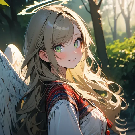 (8K, best quality, master piece: 1.2),ultra-high resolution,1 girl,solo,16yo,korean finger heart,ultra-detailed face,detailed eyes,gradient eyes,lash extension,Long hair,khaki hair,wavy hair,halo,swept bangs,sheer sleeves,Moldova folk costume with angel wi...