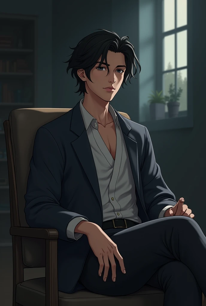 Cartoon image of a young man with black hair, who is wise and great, sitting on a chair in a quiet, low-lit room, more realistic, more human, and more respectful. 