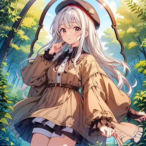 highest quality、Masterpiece、Official Art、The best composition、brown check beret、A poncho with the same pattern as the hat、Charlotte Holmes、White shirt and shorts with the same pattern as the hat、magnifying glass、Detective、The viewer is looking through a ma...