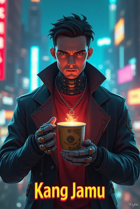 Cyberpunk style Animation of man holding a mug of jamu with logo KANG JAMU at the bottom of picture