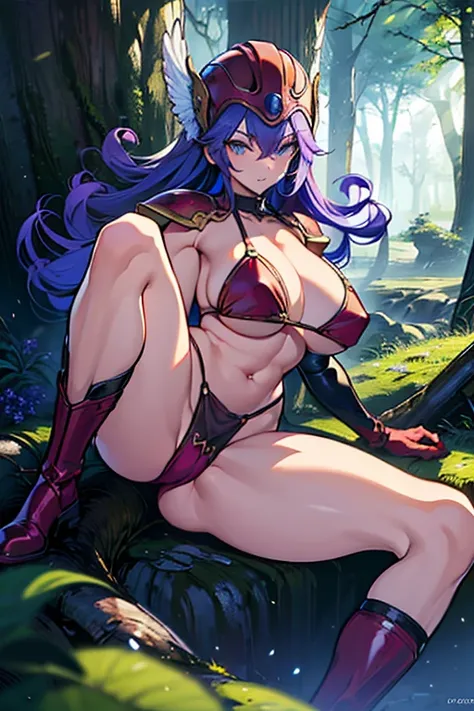 (raised leg invitation:1.5),　Lean back,　(sitting), (cowboy shot),
Deep in the forest,Blue Spring,Huge fallen tree,Ivy-covered tree々,Mysterious Light,　
soldier(dq3), bikini armor, winged helmet, red armor,dq3,Woman warrior,
((Highest quality)), ((masterpiec...