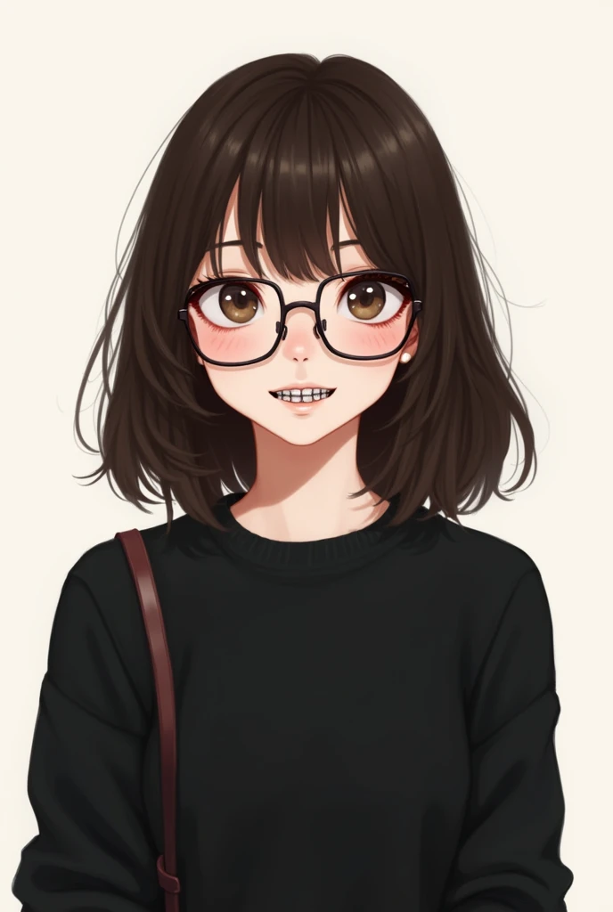 2d drawing of brunette teenager with glasses, braces and black sweater