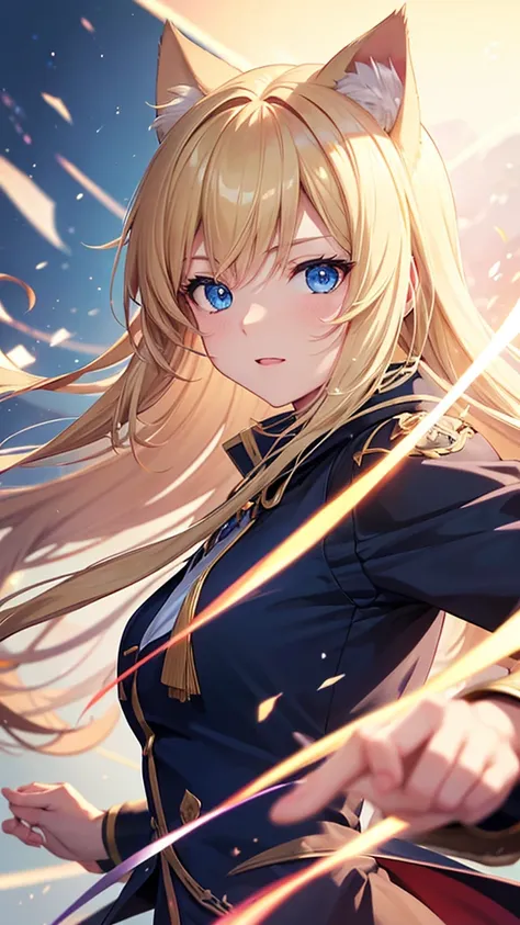 One person, High resolution, Long Hair, vision, Shortcuts, blonde, blue eyes, Cat ear, Portraiture, far and near method, Motion Blur, shape, Fantasy Background, anime,