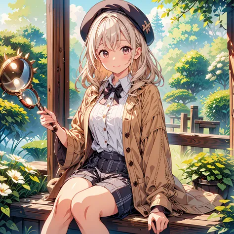 highest quality、Masterpiece、Official Art、The best composition、brown check beret、A poncho with the same pattern as the hat、Charlotte Holmes、White shirt and shorts with the same pattern as the hat、magnifying glass、Detective、The viewer is looking through a ma...