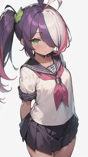 (((scrawny))),((Wheat skin)),(((tall))),tanlines,(side ponytail,ahoge,One eye is covered by hair),((purple hair)),(fluorescent pink streaked hair),(Green Eyes),Cat Eyes,(Sailor school uniform)