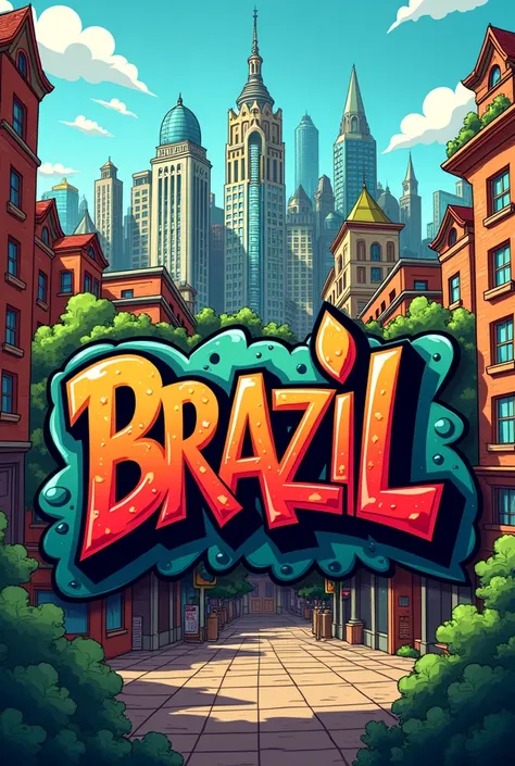 a banner (1980x1080) with a cartoon city in the background, a very large logo with the word BRAZIL written in graffiti, below written ROLEPLAY colors, red and black