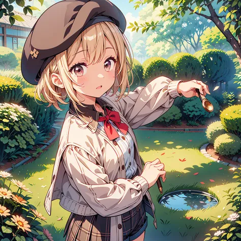 highest quality、Masterpiece、Official Art、The best composition、brown check beret、A poncho with the same pattern as the hat、Charlotte Holmes、White shirt and shorts with the same pattern as the hat、magnifying glass、Detective、The viewer is looking through a ma...