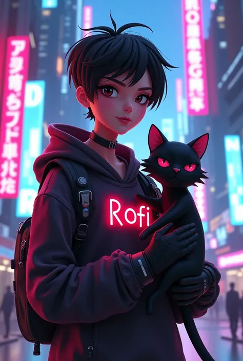 Cyberpunk style Animation with name ROFI at the shirt and hes holding a black cat