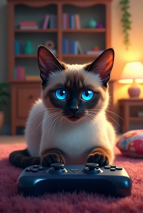 A Siamese cat in a room playing a video game with the slogan CLOSING GAMES