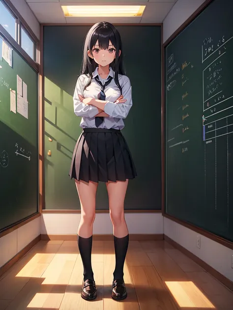 classroom,blackboard,One beautiful girl,Standing with arms folded？skirt,Black socks,Long black hair,