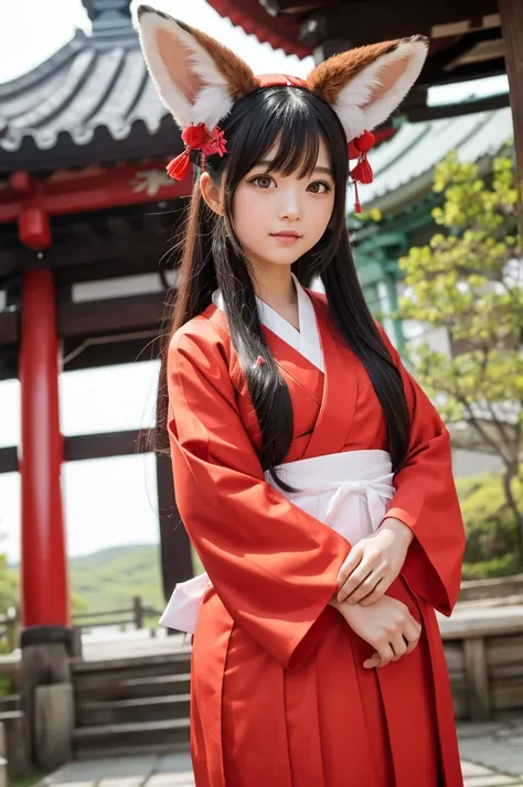 A girl with fox ears wearing a shrine maiden outfit