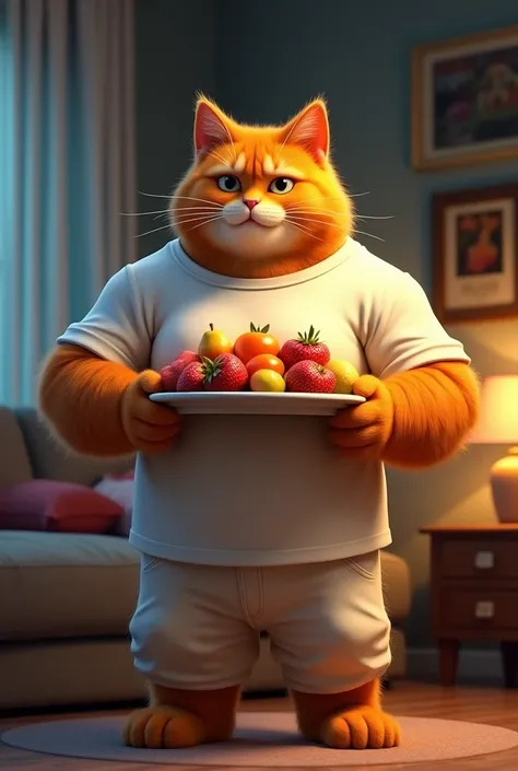 Ek muscular ginger cat jisne white shirt and pant pehni h uske hath me ek plet me bhut fruit h seen ginger cat chote chid ki dete huye night ka samay h or bulb jal rha h living room me h